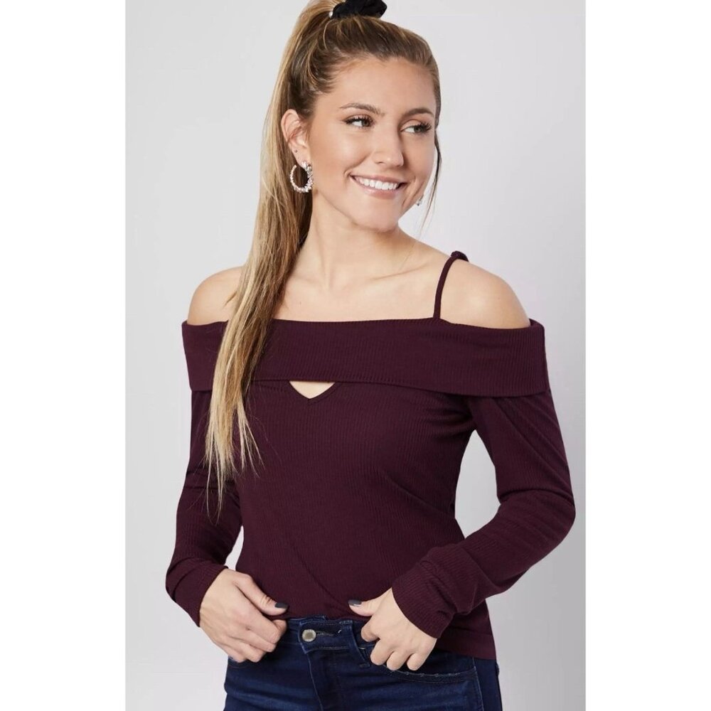 Women's M Off The Shoulder Ribbed Fitted Sweater Wine Adj. Straps BKE Buckle Red